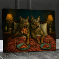 Whimsical Wolf Coyote Couple Pizza Night Canvas Wall Art – Cozy Bed Scene, Pepperoni Slice, Funny Animal Bedroom Decor