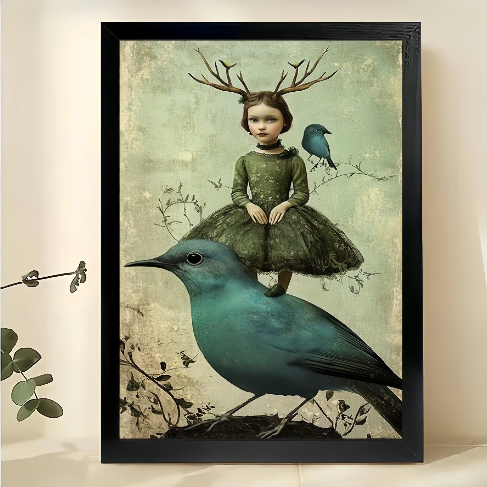 Girl with Antlers on Bird Wall Art – Whimsical Vintage Fantasy Canvas Print on Natural Wood Frame