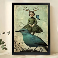 Girl with Antlers on Bird Wall Art – Whimsical Vintage Fantasy Canvas Print on Natural Wood Frame