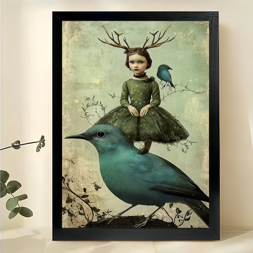 Girl with Antlers on Bird Wall Art – Whimsical Vintage Fantasy Canvas Print on Natural Wood Frame