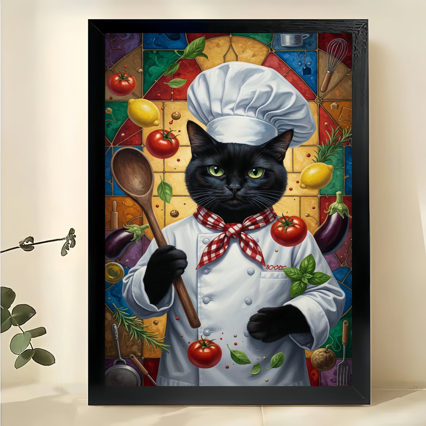 Chef Black Cat in Vintage Frame – Whimsical Culinary Pet Wall Art on Natural Wood Canvas