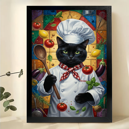 Chef Black Cat in Vintage Frame – Whimsical Culinary Pet Wall Art on Natural Wood Canvas