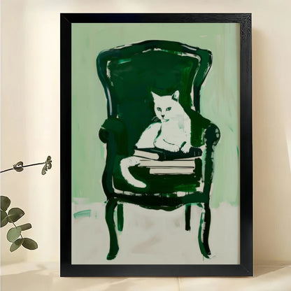 White Cat Reading on Chair – Cozy Book Lover Cat Wall Art on Natural Wood Canvas