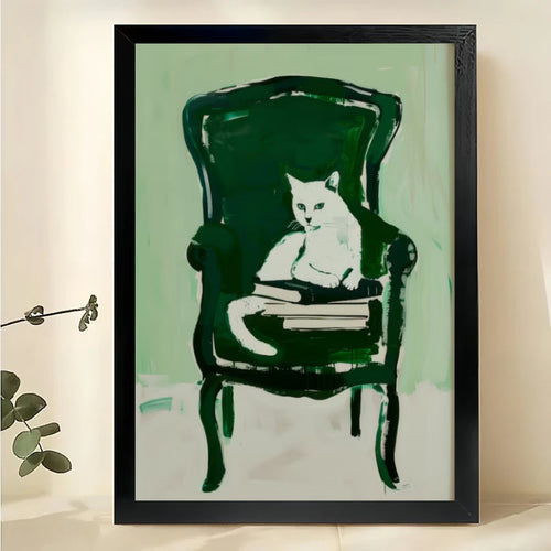 White Cat Reading on Chair – Cozy Book Lover Cat Wall Art on Natural Wood Canvas