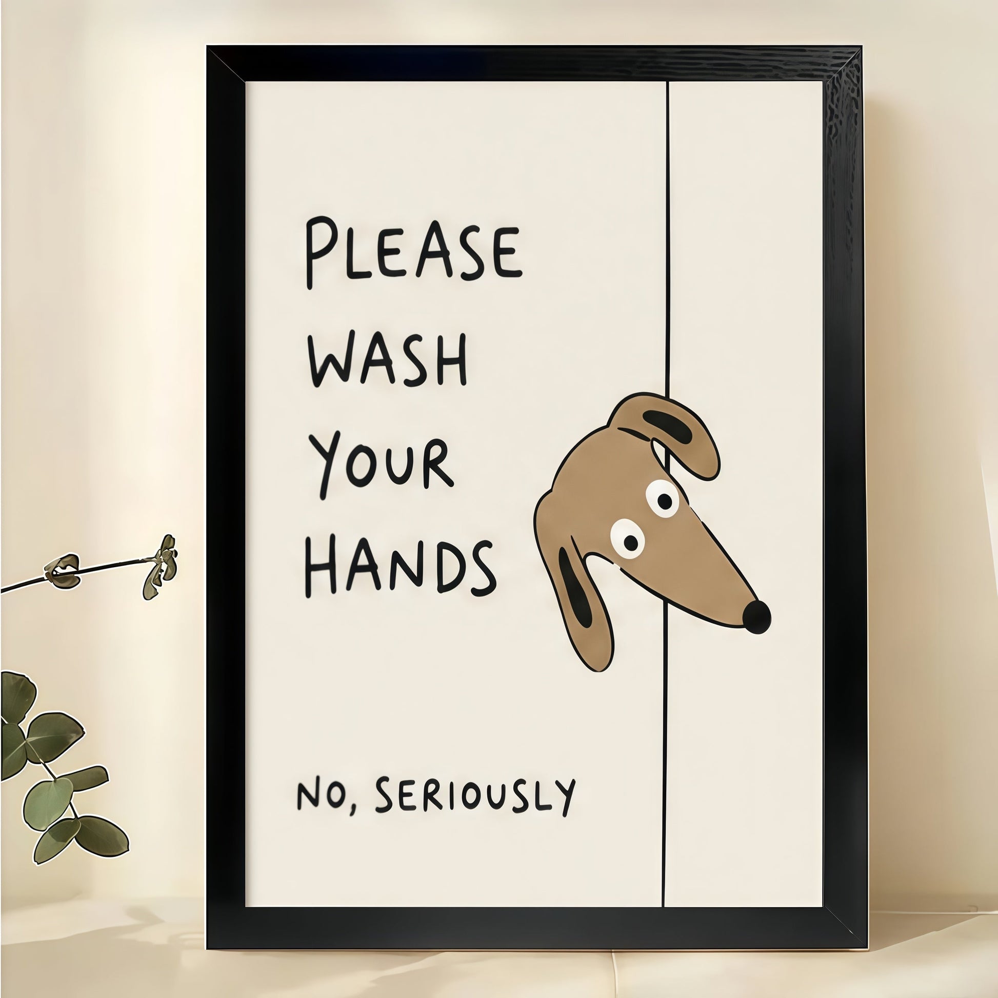 Dachshund "Wash Your Hands" Wall Art – Humorous Bathroom Reminder Canvas Print on Black Wood Frame