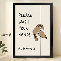 Dachshund "Wash Your Hands" Wall Art – Humorous Bathroom Reminder Canvas Print on Black Wood Frame