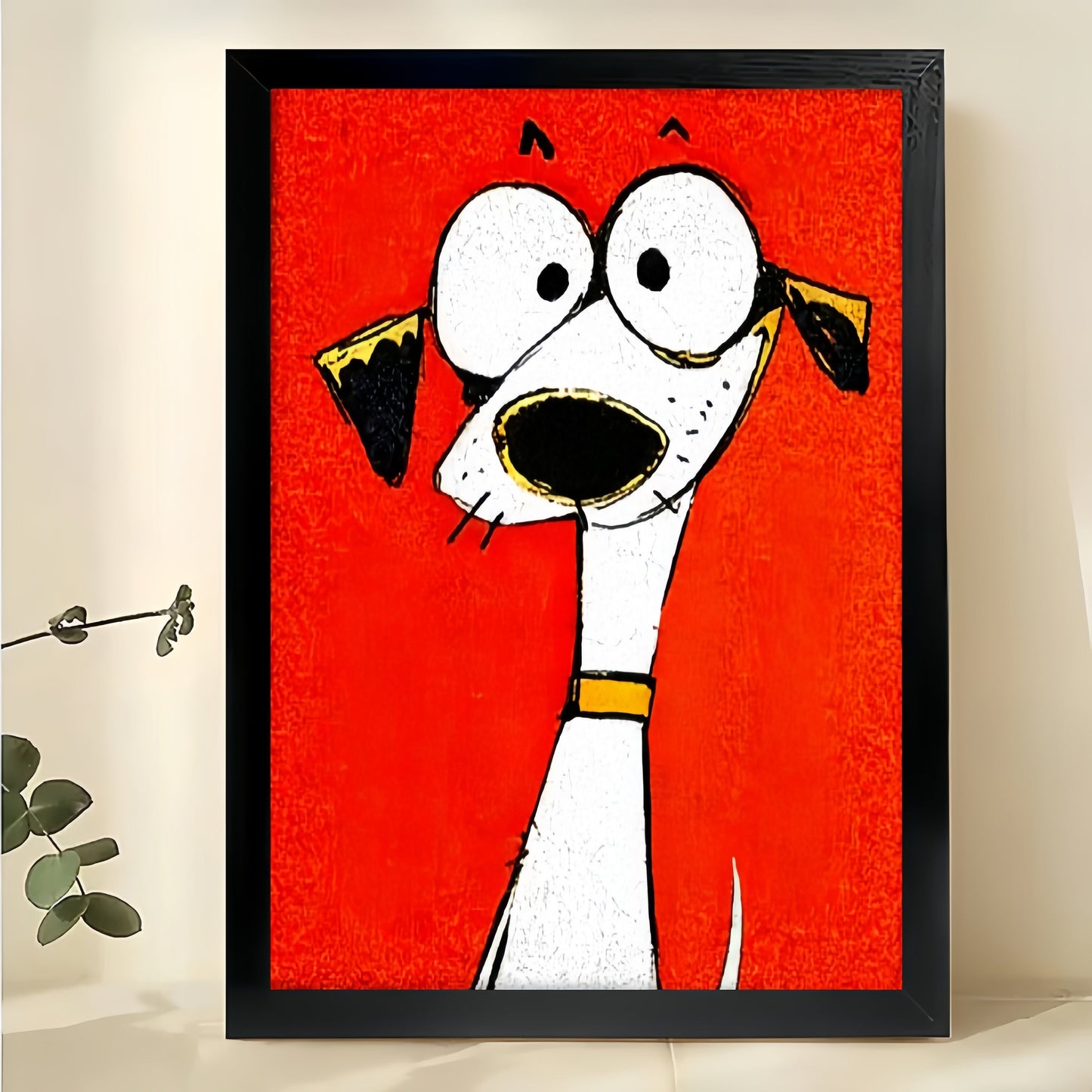 Mini Cartoon Dog in Tiny Gold Frame – Playful Tiny Wall Art on Natural Wood Canvas
