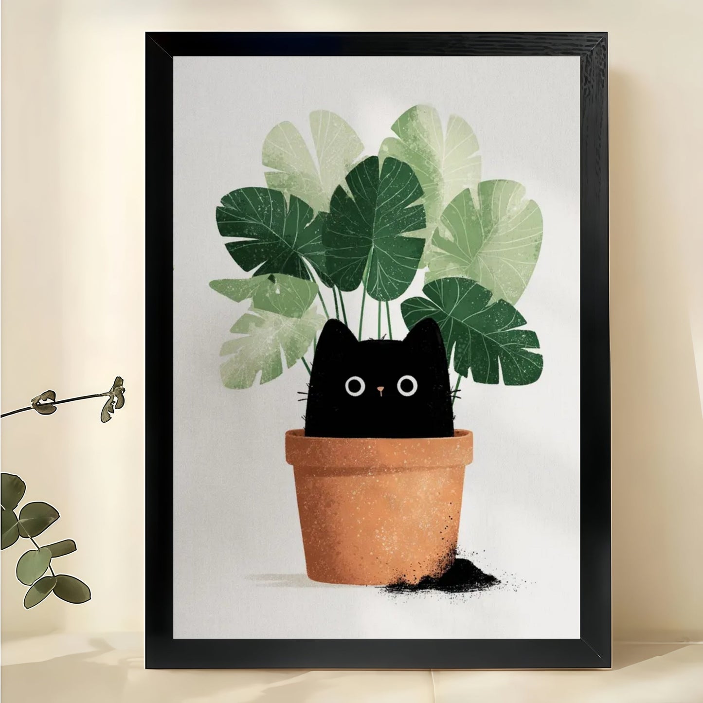 Black Cat in Monstera Pot – Cute Plant Cat Wall Art on Natural Wood Canvas