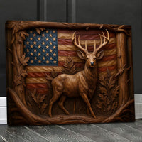 American Deer Flag Canvas Wall Art – Rustic Patriotic Design with Buck and Carved Wood Frame, Perfect Gift for Hunters a