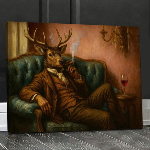 Deer Gentleman Canvas Wall Art – Dapper Buck in Suit on Teal Sofa, Vintage Lounge Portrait, Whimsical Animal Decor