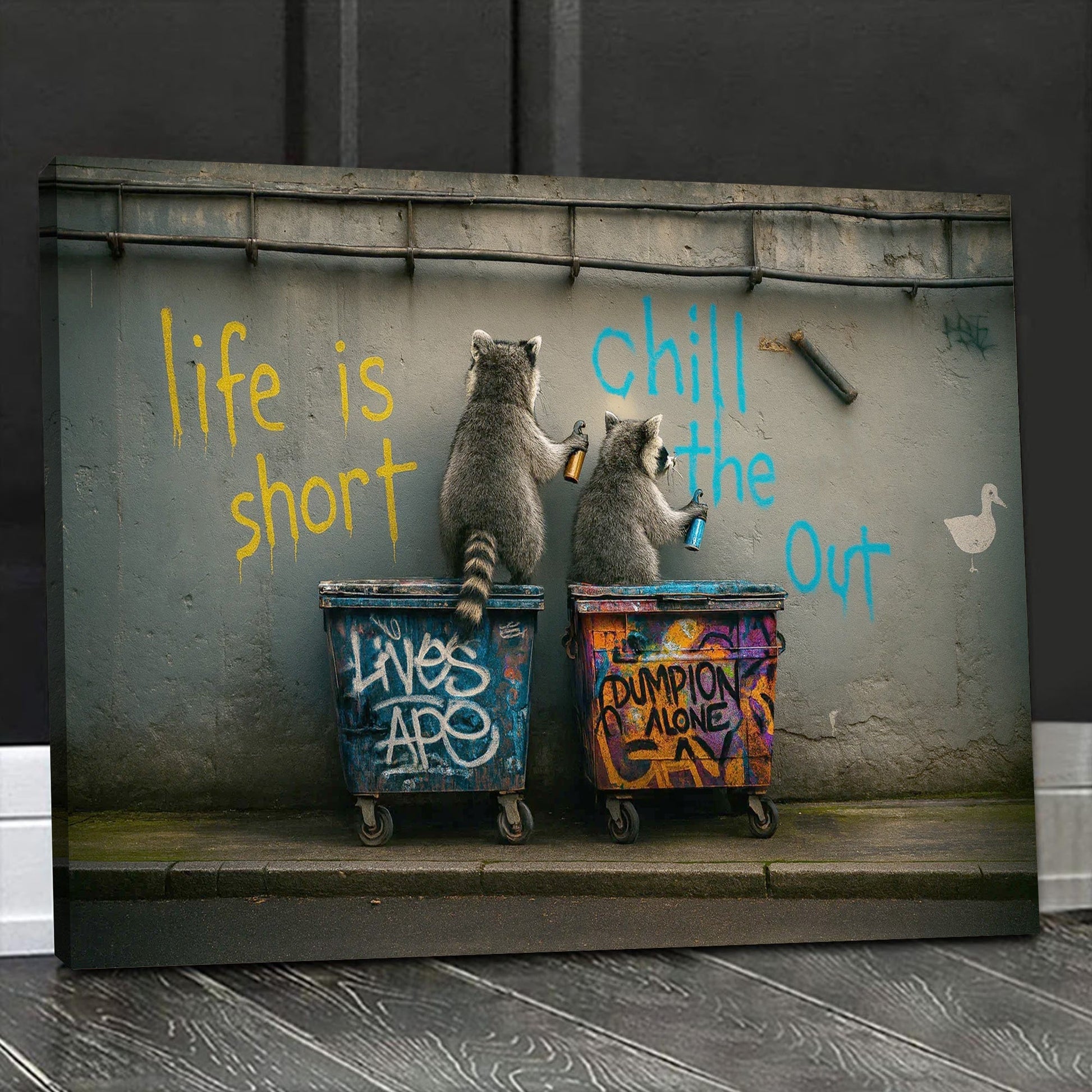 Funny Raccoon Graffiti Canvas Wall Art, Life Is Short Chill Out Street Art Poster, Quirky Animal Wall Decor Print
