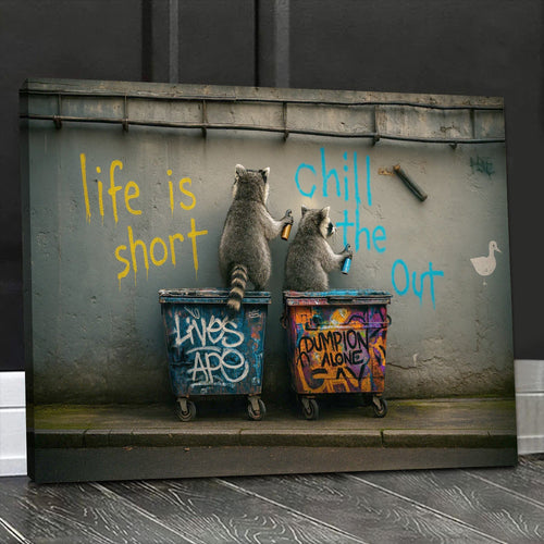 Funny Raccoon Graffiti Canvas Wall Art, Life Is Short Chill Out Street Art Poster, Quirky Animal Wall Decor Print