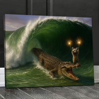 Crocodile Surfing Canvas Wall Art, Raccoon with Sparklers Fantasy Animal, Ocean Wave Coastal Decor for Kids Room & Game 