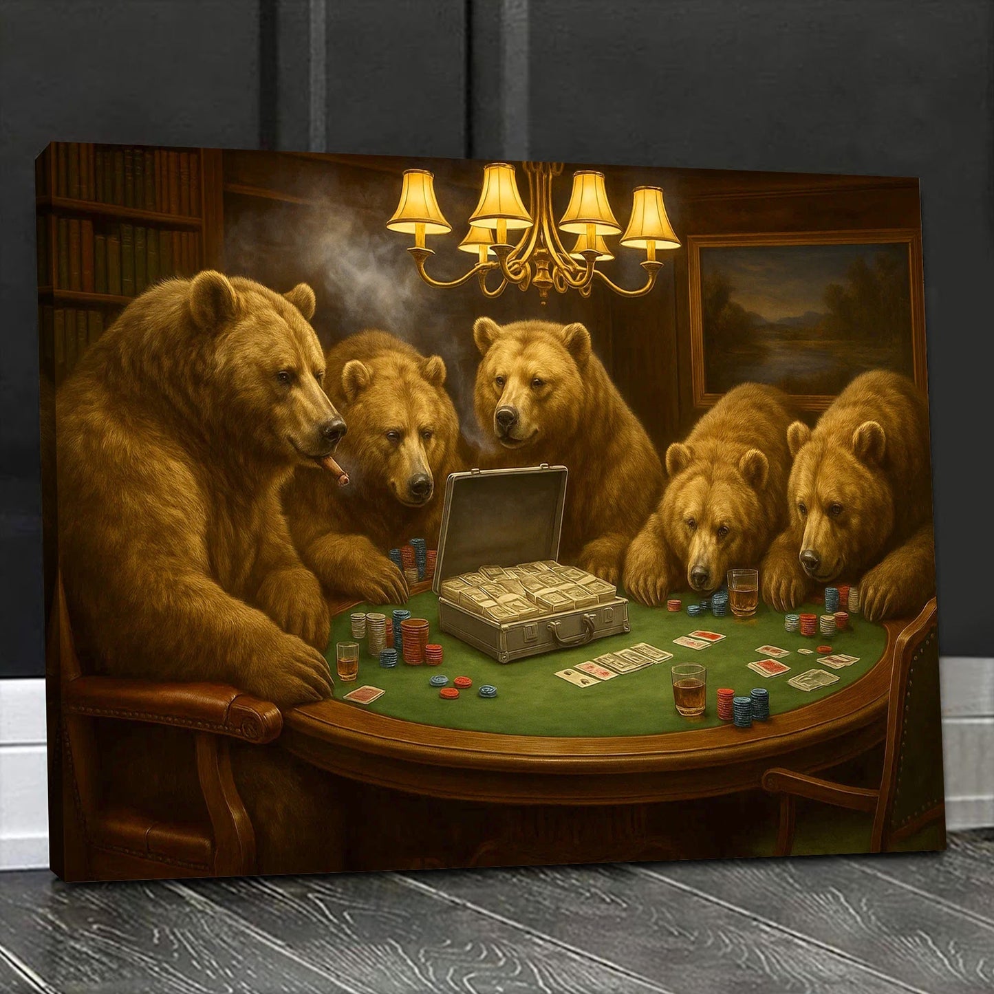 Bears Playing Poker Canvas Wall Art, Funny Casino Game Room Decor, Wildlife Bear Poker Table Print