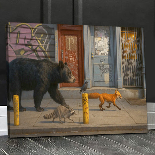 Urban Wildlife Parade Canvas Wall Art, Bear Fox Raccoon Crow Street Scene, Graffiti City Decor