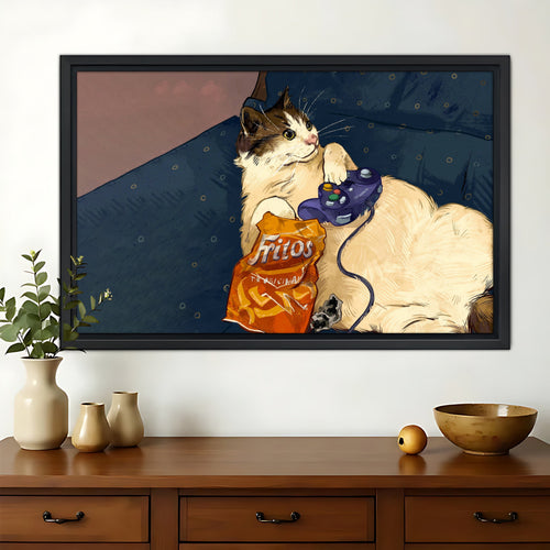 Gamer Orange & White Cat with Chips – Humorous Video Game Wall Art on Natural Wood Canvas