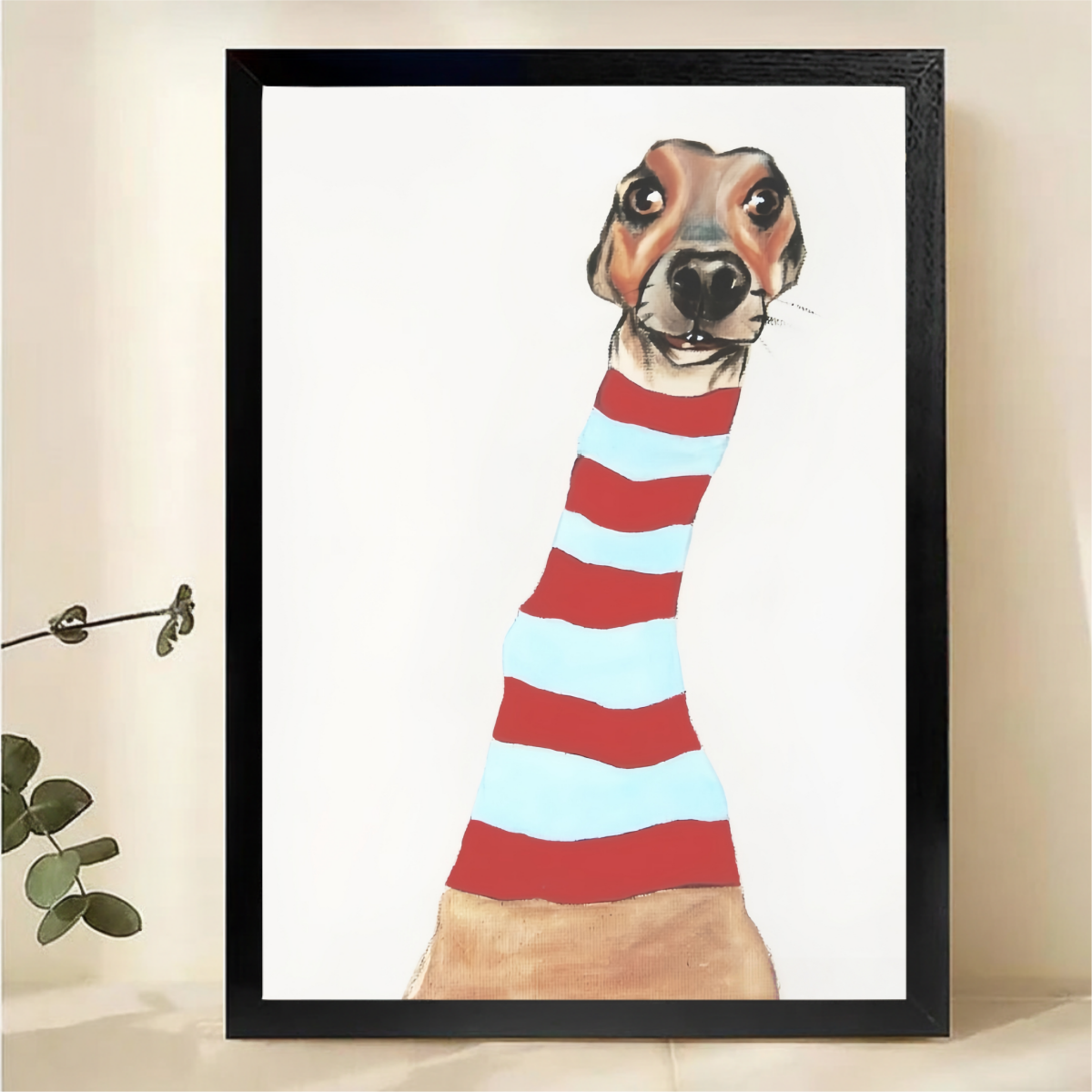 Long Neck Dog in Striped Sweater Wall Art - Whimsical Print