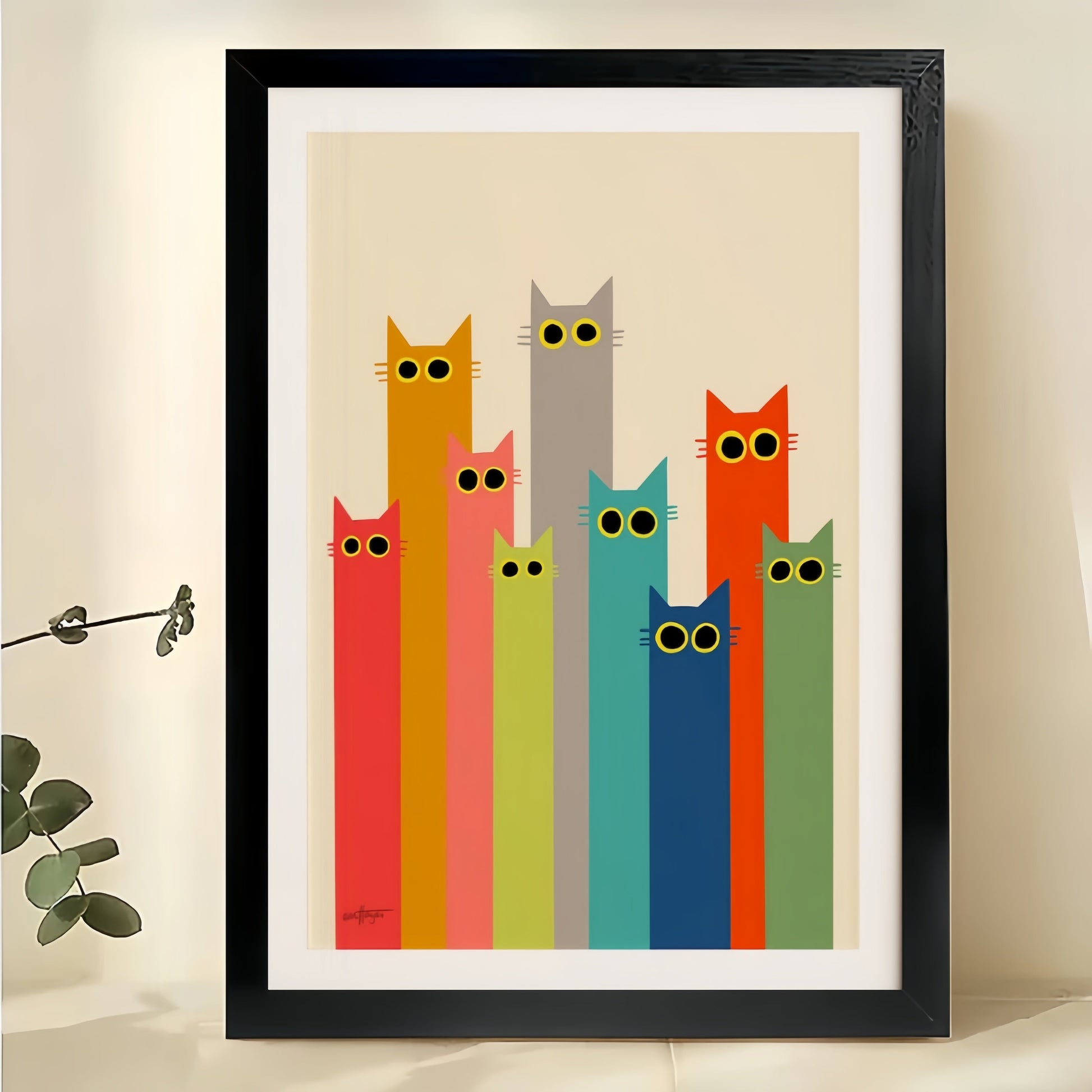 Rainbow Cat Stack – Colorful Mid-Century Modern Wall Art on Natural Wood Canvas
