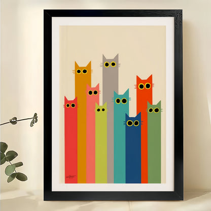 Rainbow Cat Stack – Colorful Mid-Century Modern Wall Art on Natural Wood Canvas