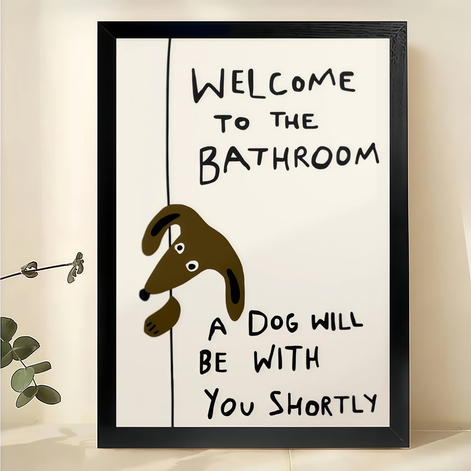 “Welcome to the Bathroom” Funny Dog – Humorous Bathroom Wall Art on Natural Wood Canvas
