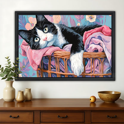 Chonky Cat Lounging in Laundry Basket – Cozy Floral Background Wall Art on Natural Wood Canvas