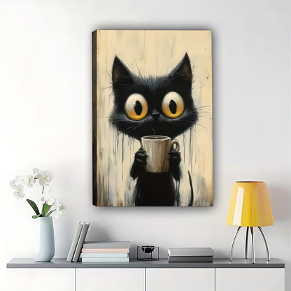 The Wide-Eyed Cup-Holding Cat – Whimsical Feline Wall Art on Natural Wood Grain Canvas