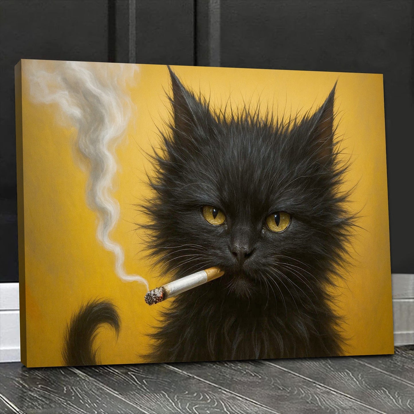 Black Cat Canvas Wall Art, Funny Moody Cat Portrait Poster, Quirky Black Kitty Lover Home Decor Print