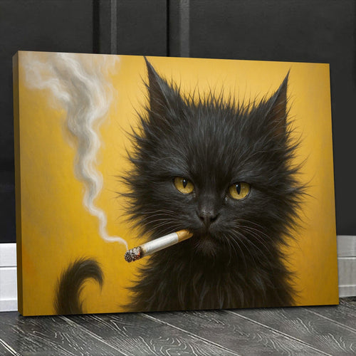 Black Cat Canvas Wall Art, Funny Moody Cat Portrait Poster, Quirky Black Kitty Lover Home Decor Print