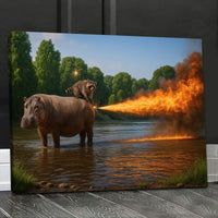Raccoon Riding Hippo Canvas Wall Art, Fire-Breath Fantasy Animal Poster, Kids Room & Playroom Decor