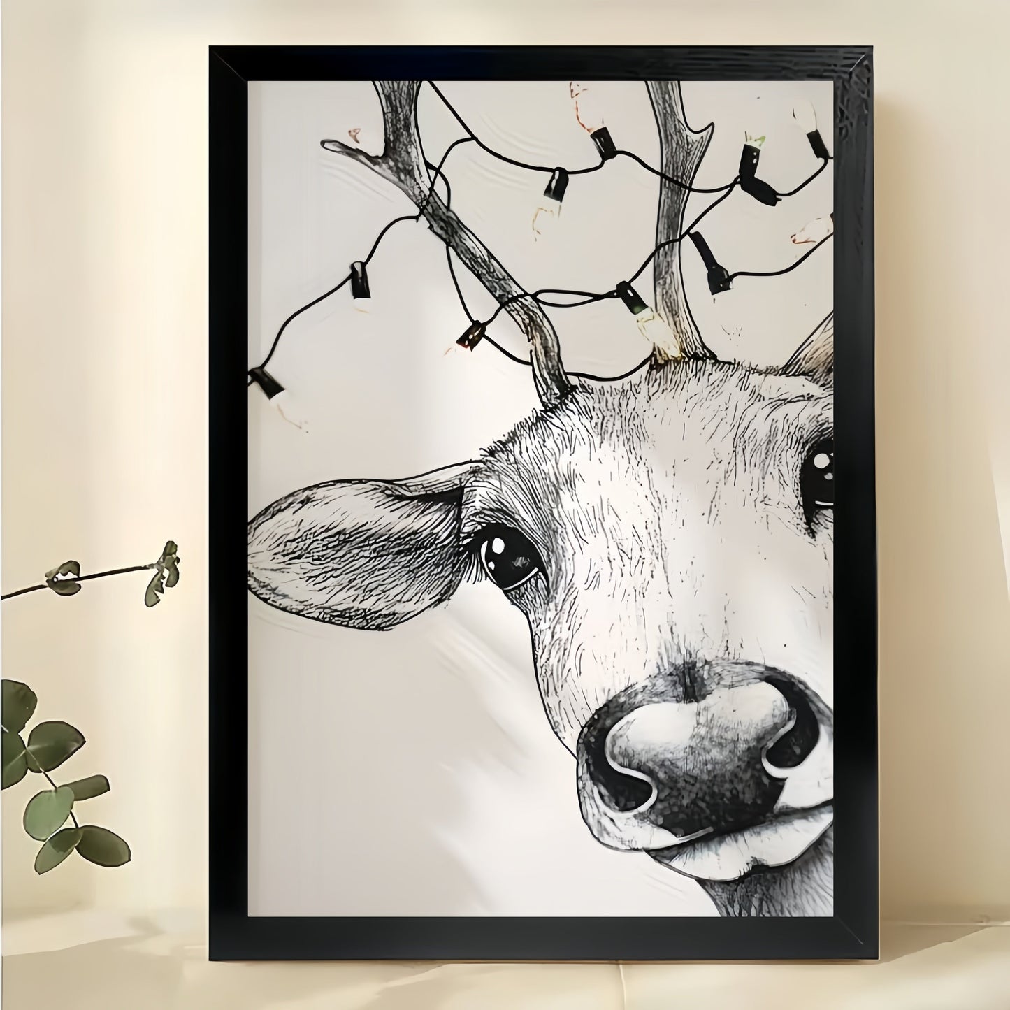 Deer Head Close-Up – Minimalist Black & White Wildlife Wall Art on Natural Wood Canvas