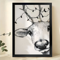 Deer Head Close-Up – Minimalist Black & White Wildlife Wall Art on Natural Wood Canvas