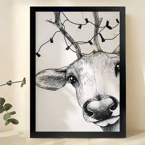 Deer Head Close-Up – Minimalist Black & White Wildlife Wall Art on Natural Wood Canvas