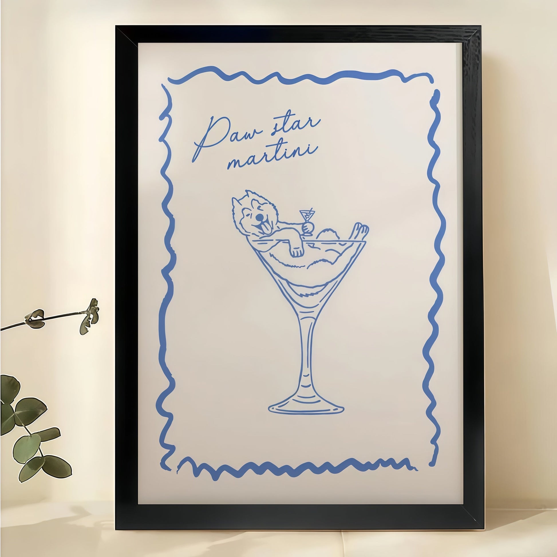 Prosecco Martini Hand Drawn – Minimalist Cocktail Bar Wall Art on Natural Wood Canvas
