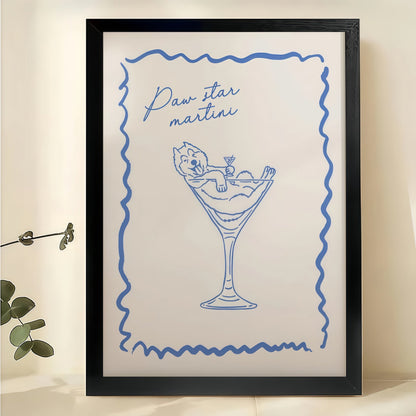 Prosecco Martini Hand Drawn – Minimalist Cocktail Bar Wall Art on Natural Wood Canvas