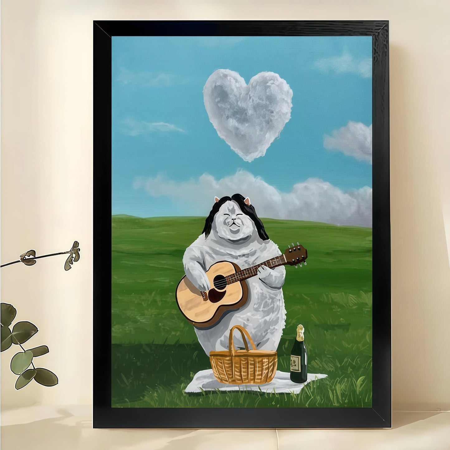 The Chubby Angel Playing Guitar – Whimsical Pastoral Wall Art on Natural Wood Canvas