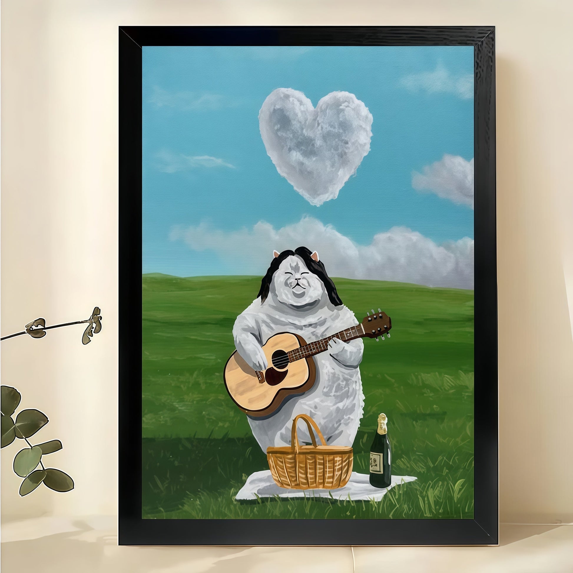 The Chubby Angel Playing Guitar – Whimsical Pastoral Wall Art on Natural Wood Canvas