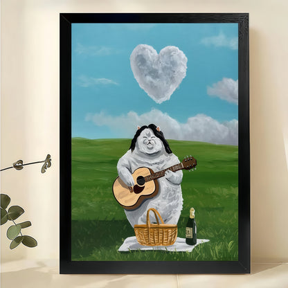The Chubby Angel Playing Guitar – Whimsical Pastoral Wall Art on Natural Wood Canvas