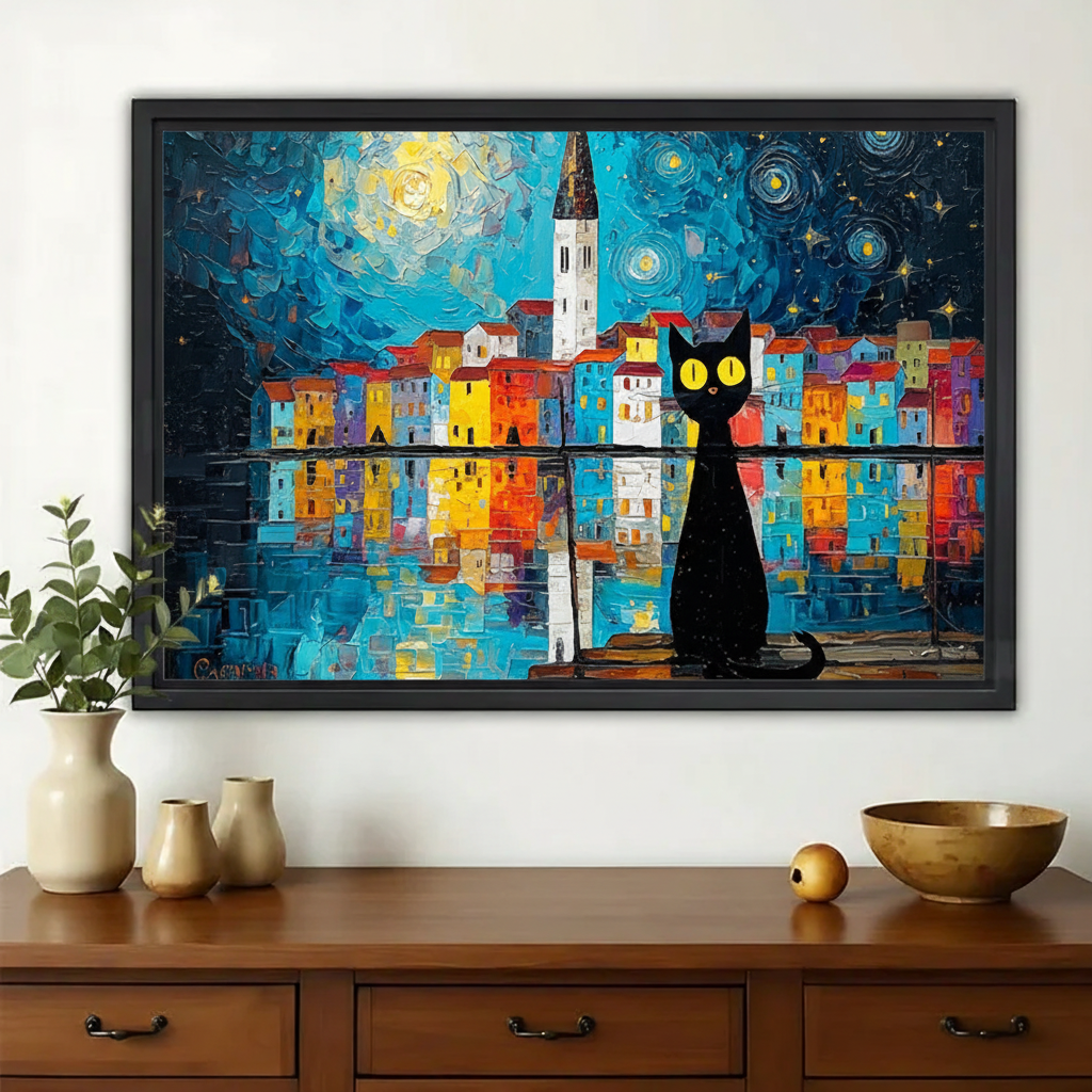 Black Cat in Van Gogh-Style Starry Night Cityscape – Artistic Whimsical Wall Art on Natural Wood Canvas