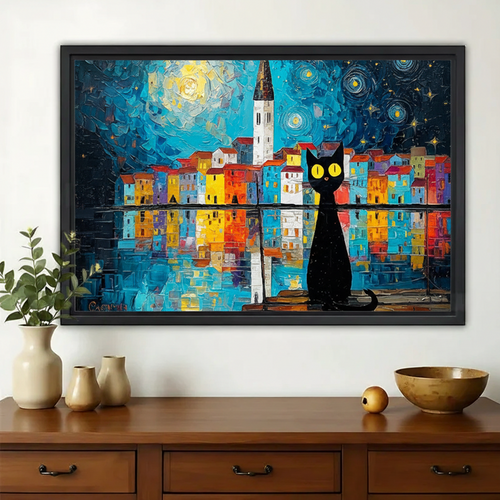 Black Cat in Van Gogh-Style Starry Night Cityscape – Artistic Whimsical Wall Art on Natural Wood Canvas
