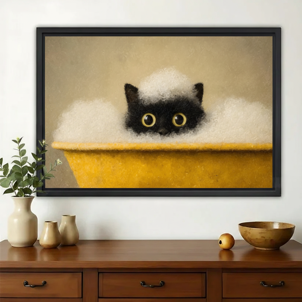 Black Cat in Yellow Bathtub Wall Art – Cute Bathing Cat Canvas Print on Natural Wood Frame