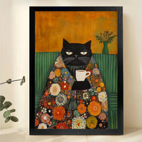Cozy Black Cat with Floral Blanket & Coffee – Vintage Wall Art on Natural Wood Canvas