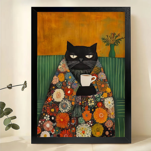 Cozy Black Cat with Floral Blanket & Coffee – Vintage Wall Art on Natural Wood Canvas