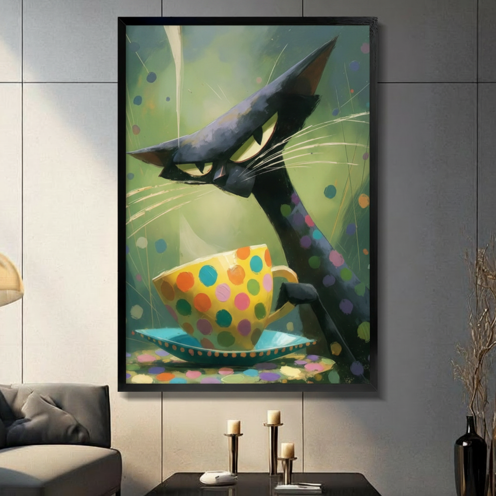 Black Cat Polka Dot Teacup Whimsical Canvas Wall Art
