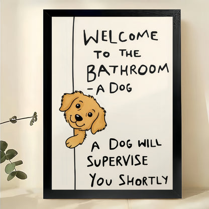 Welcome to the Bathroom Golden Retriever – Humorous Bathroom Wall Art on Natural Wood Canvas