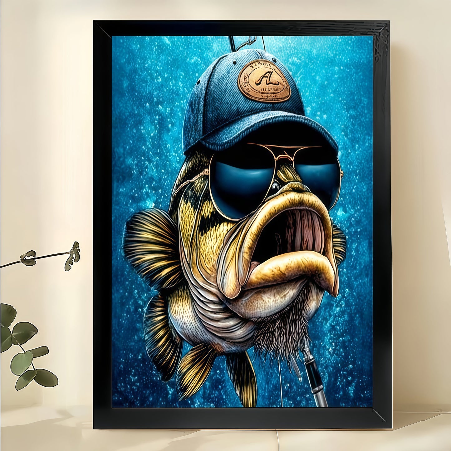 Sunglasses-Wearing Big-Mouth Fish – Retro Quirky Wall Art on Natural Wood Canvas