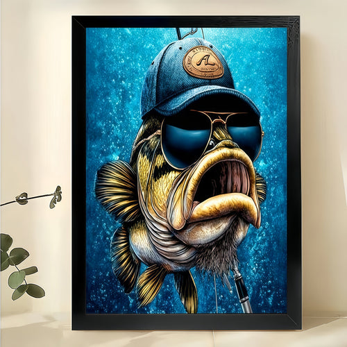 Sunglasses-Wearing Big-Mouth Fish – Retro Quirky Wall Art on Natural Wood Canvas