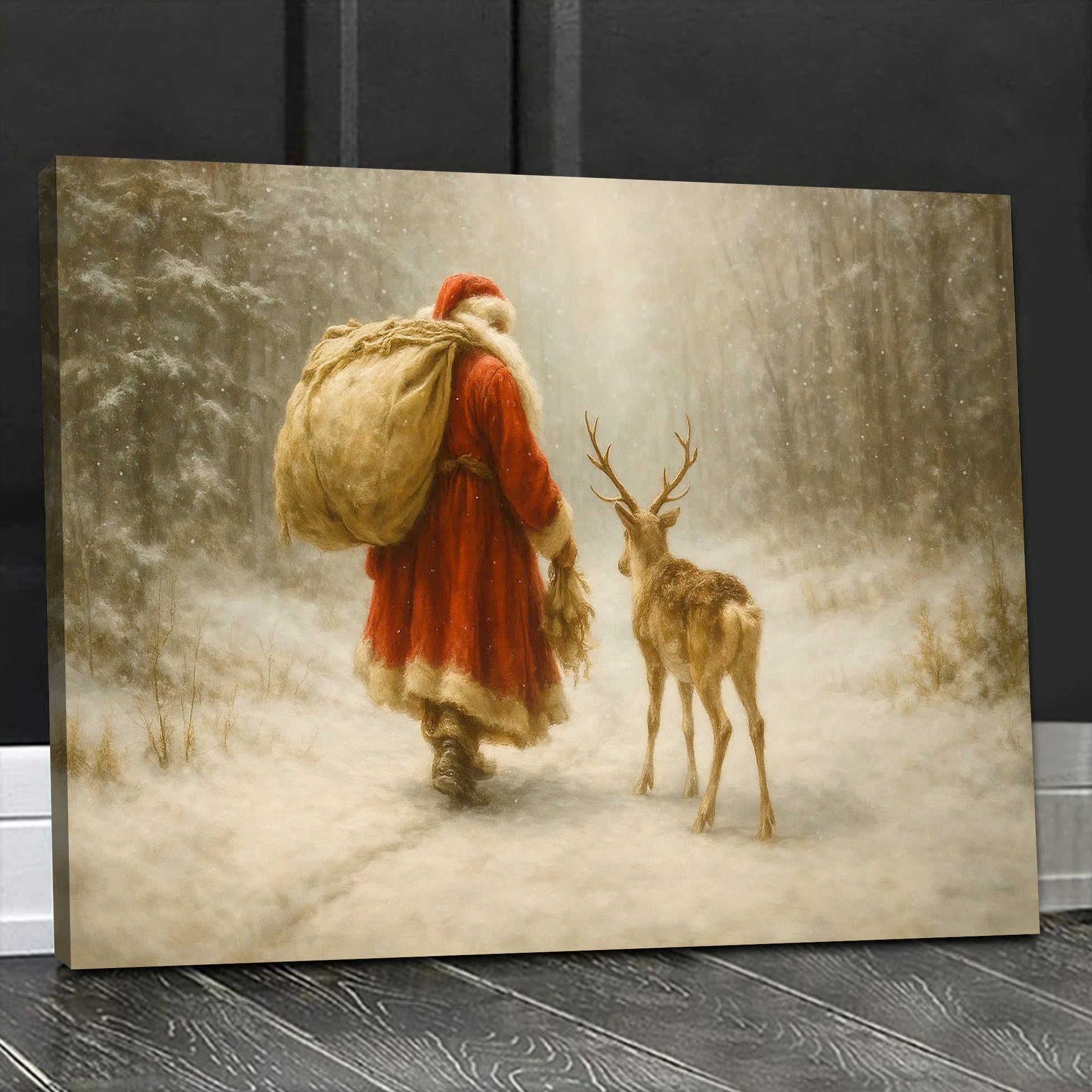Vintage Santa and Reindeer Canvas Wall Art, Rustic Snowy Forest Christmas Scene, Cozy Farmhouse Winter Holiday Decor