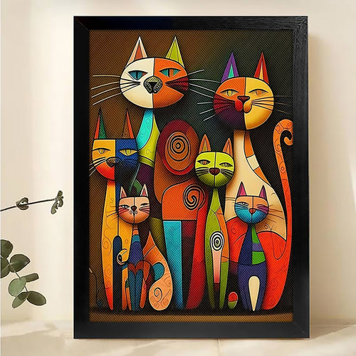 The Whimsical Cat Crew – Colorful Cartoon Wall Art on Natural Wood Canvas
