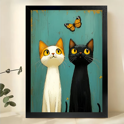 Sweet Cat Couple with Butterfly Illustration – Romantic Whimsical Wall Art on Natural Wood Canvas