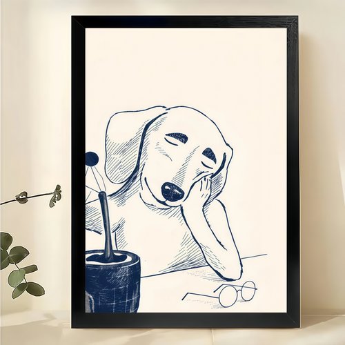 Minimalist Thinking Dog Line Art Wall Art – Cute Sleepy Puppy Sketch Canvas Print